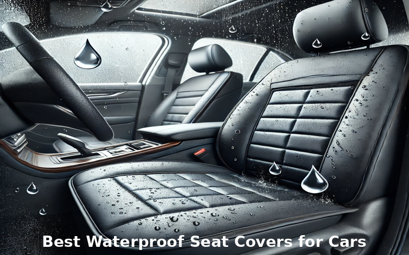 Premium waterproof car seat covers showcasing a sleek black design with water droplets highlighting their durability and water-resistant quality.Best Waterproof Seat Covers for Cars