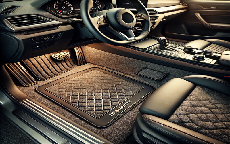 A sleek car interior featuring premium carpet floor mats, designed for comfort and style, showcasing a luxurious and clean aesthetic.Best carpet floor mats for cars.