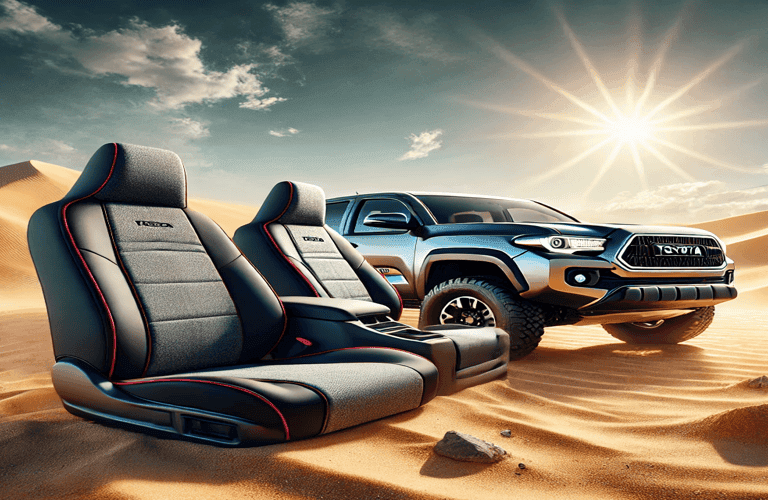 Best seat covers for Toyota Tacoma displayed alongside a truck parked in a desert under the sun, showcasing durability and style.