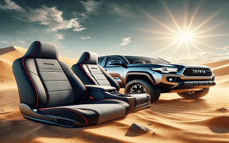 Best seat covers for Toyota Tacoma displayed alongside a truck parked in a desert under the sun, showcasing durability and style.