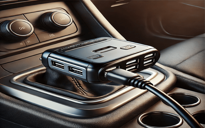 A realistic car cigarette lighter splitter with multiple USB ports and a sleek black design plugged into a car dashboard.