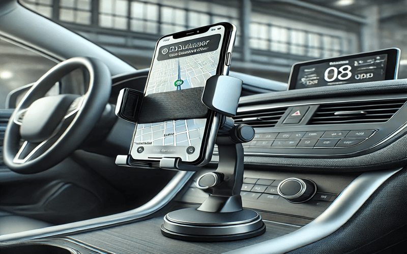 magnetic car phone holder securely mounted on a dashboard, holding a smartphone with navigation displayed.