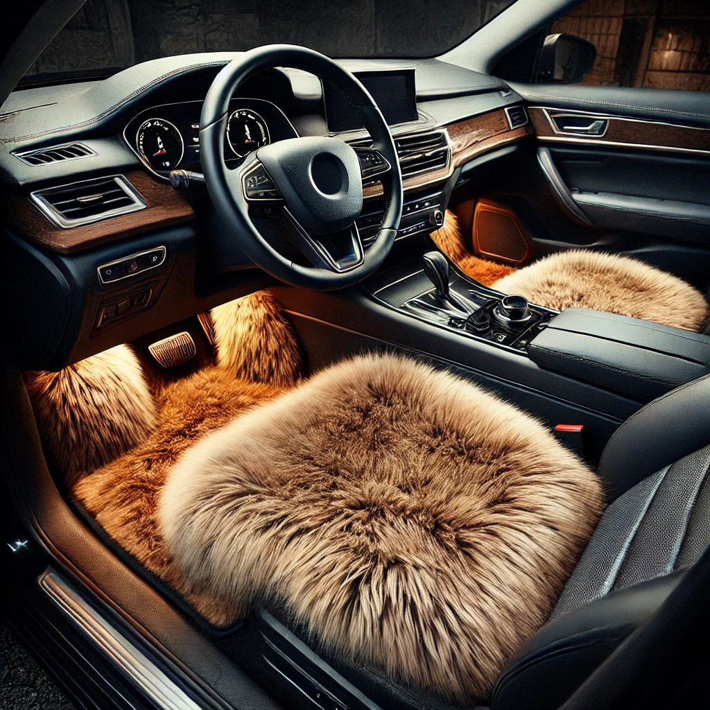 Plush faux fur car floor mats in a luxury car interior, providing warmth, comfort, and a stylish aesthetic.