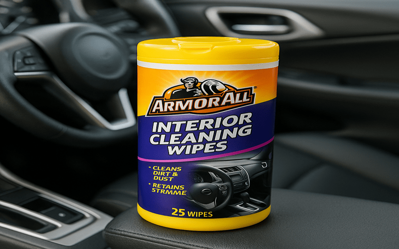 Container of the best Armor All interior cleaning wipes placed inside a modern car for quick and effective dashboard and surface cleaning