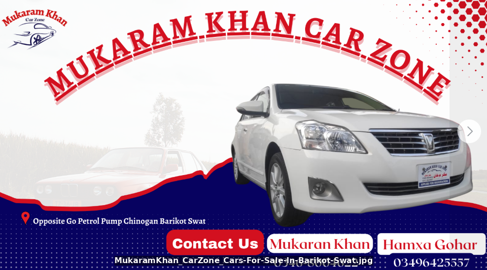 About 4 A white Toyota car parked in front of Mukaram Khan Car Zone banner with contact details and location in Barikot Swat – Cars for Sale in Barikot Swat.