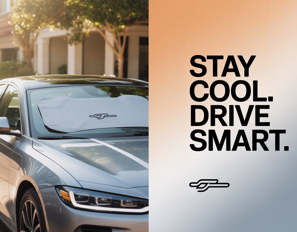 Best car sun shades installed on windshield of a luxury car with text "Stay Cool. Drive Smart."