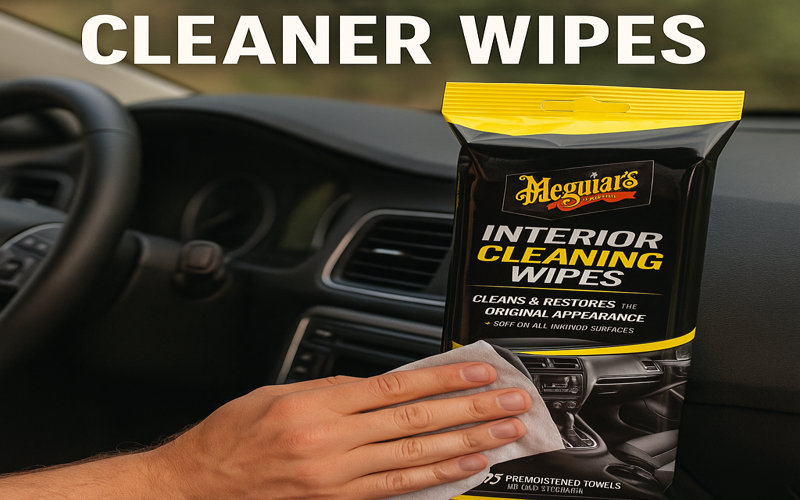 A person using the best meguiars interior cleaner for cars , wiping a dashboard with Meguiar's cleaning wipes for a spotless, refreshed look.