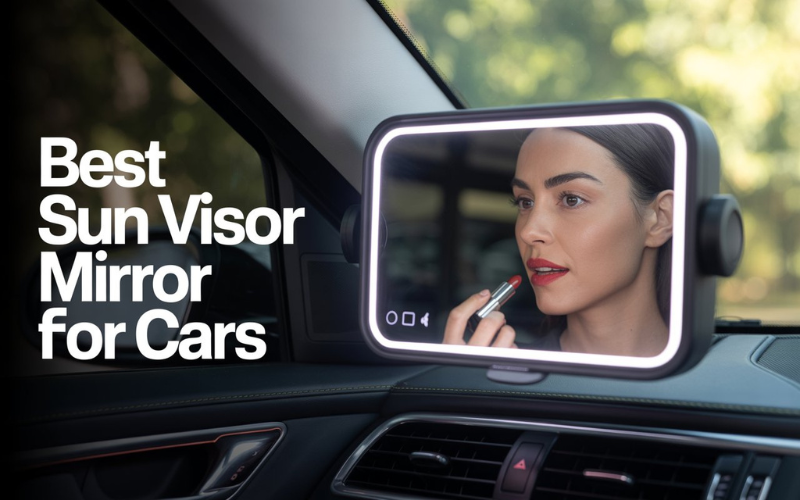 A woman using the best sun visor mirror for cars with LED lighting while applying lipstick inside a luxury vehicle.