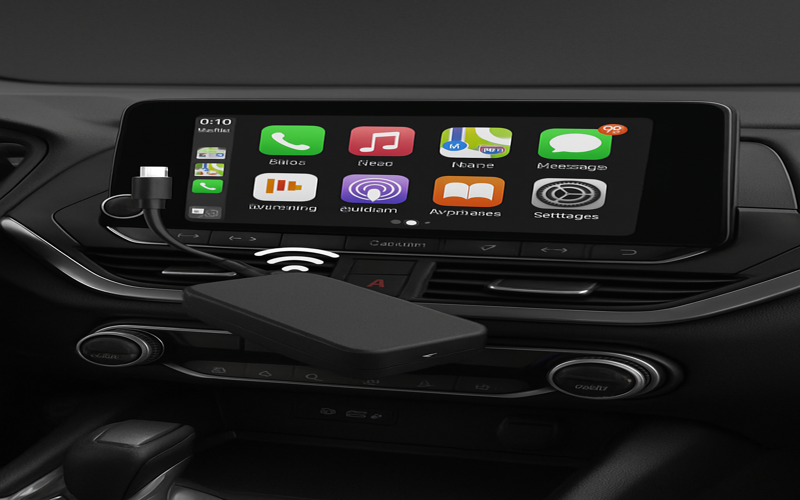 Interior view of a car featuring one of the best wireless CarPlay adapters connected to the infotainment system