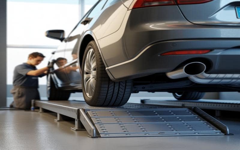 Mechanic using affordable car ramps for cars in a garage setting for routine maintenance.