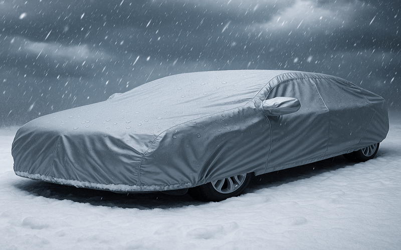 A sedan protected by the best car cover for rain and snow during a winter storm