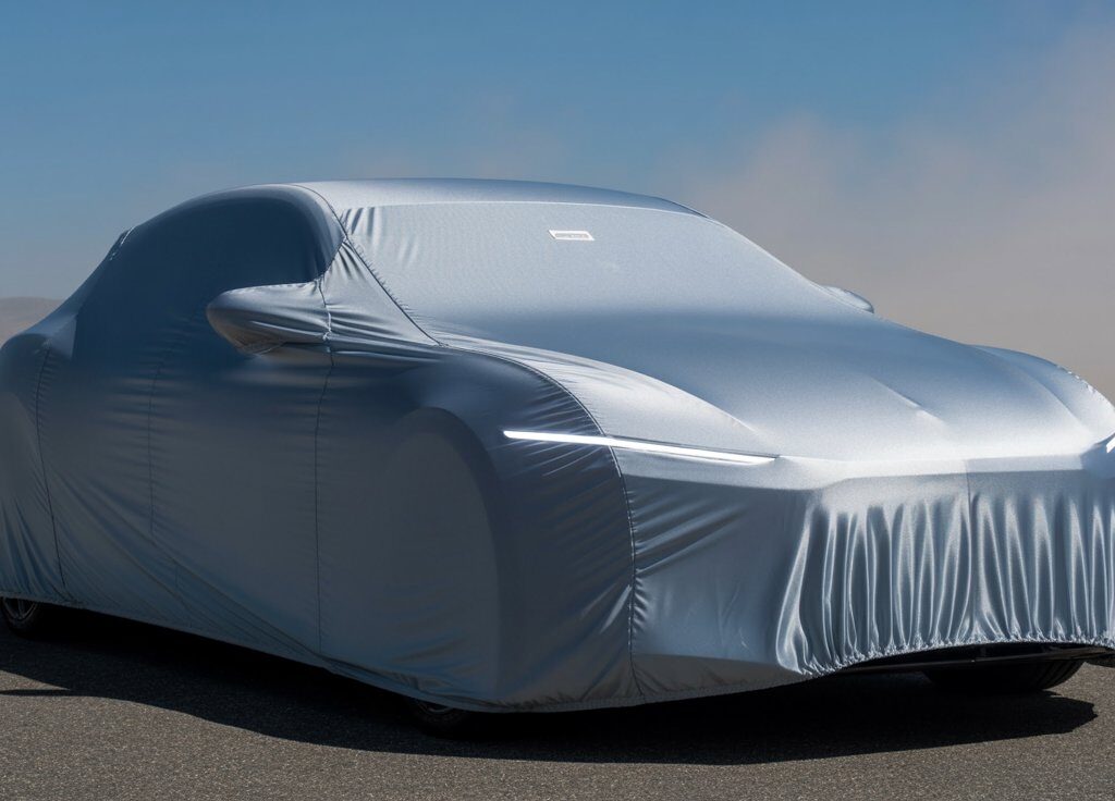 A sleek silver vehicle protected by the best car cover for sun and heat, parked on a sunlit road.