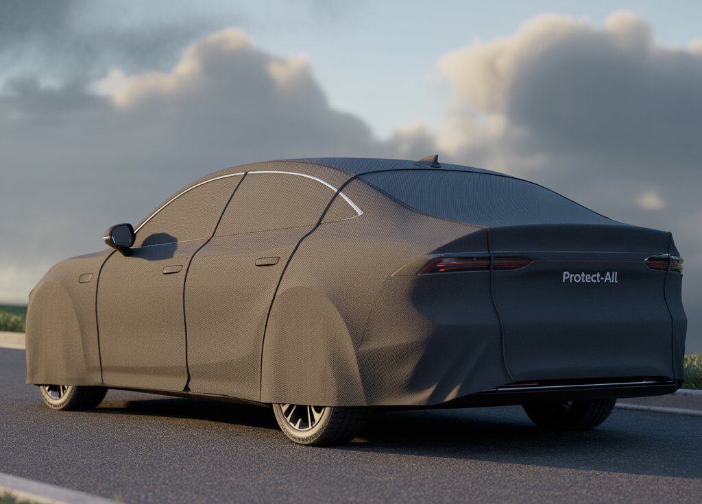 Modern sedan fully protected by one of the best exterior car covers on a scenic roadside during sunset.
