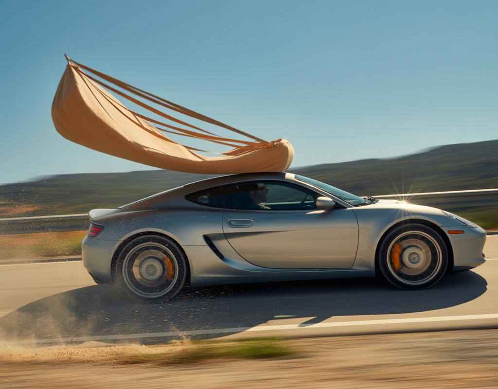 Can rooftop cargo bags damage your car roof? This image shows a car at high speed with an unsecured cargo bag, highlighting potential roof damage due to wind force.