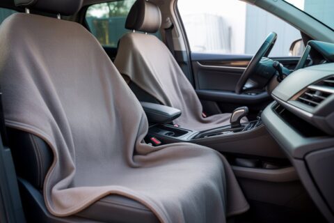A clean car interior showing how to cover car seat with blanket using a soft, neatly draped fabric for temporary protection and comfort.