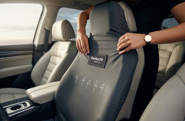 A person demonstrating how to use car seat cover by properly securing it over the seat for a snug and tailored fit inside a modern vehicle.