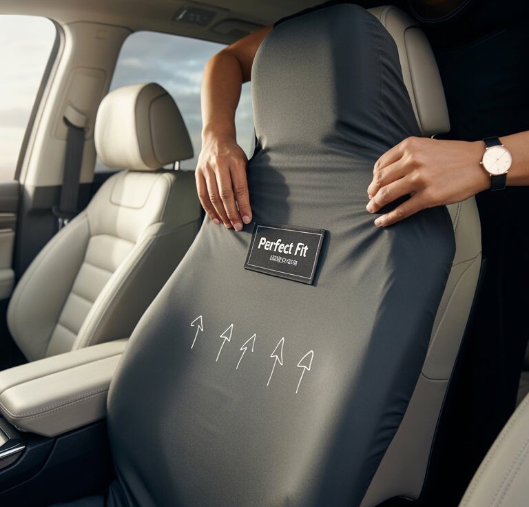 A person demonstrating how to use car seat cover by properly securing it over the seat for a snug and tailored fit inside a modern vehicle.