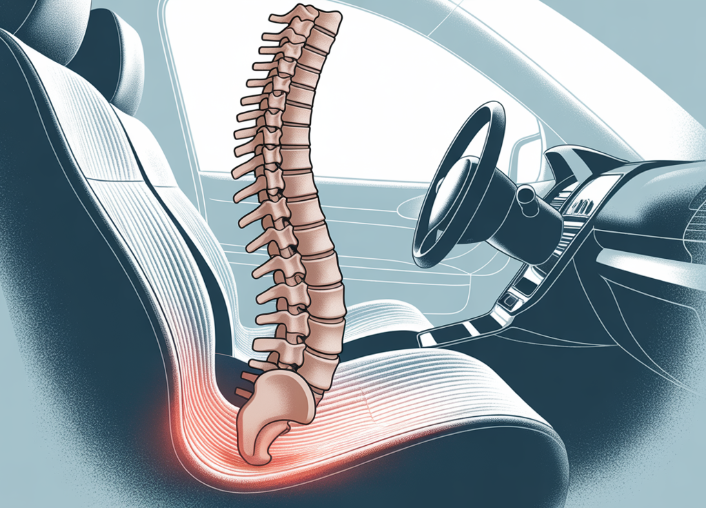 Illustration of a car seat with a human spine overlay, showing posture improvement using the best car seat cushion for back pain relief.