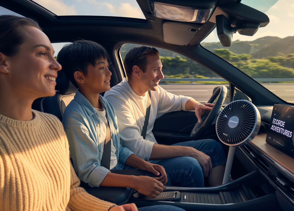 A family enjoying a comfortable ride with a Dashboard Solar Fan for Cars installed on the dashboard, providing eco-friendly cooling during summer travel.