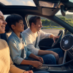 A family enjoying a comfortable ride with a Dashboard Solar Fan for Cars installed on the dashboard, providing eco-friendly cooling during summer travel.