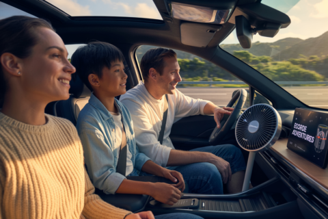 A family enjoying a comfortable ride with a Dashboard Solar Fan for Cars installed on the dashboard, providing eco-friendly cooling during summer travel.