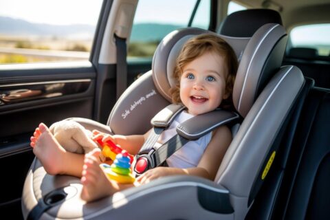 Smiling toddler seated safely in one of the Best Premium Convertible Car Seats during a sunny car journey.