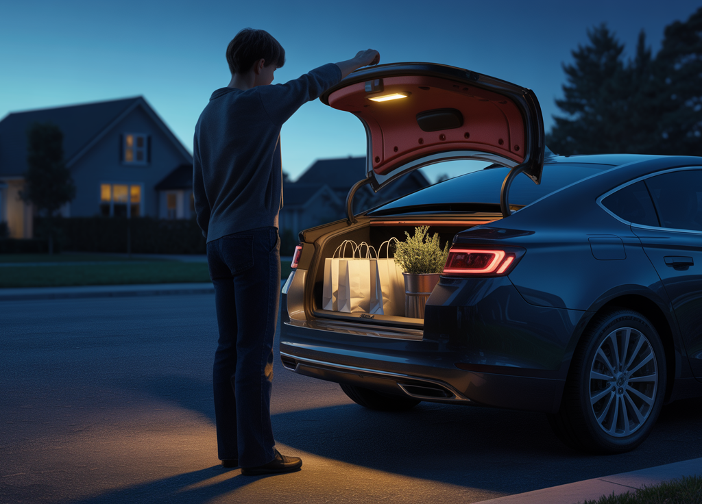 Person opening a car trunk at night with groceries inside, illuminated by a Motion Sensor Trunk Light for Cars