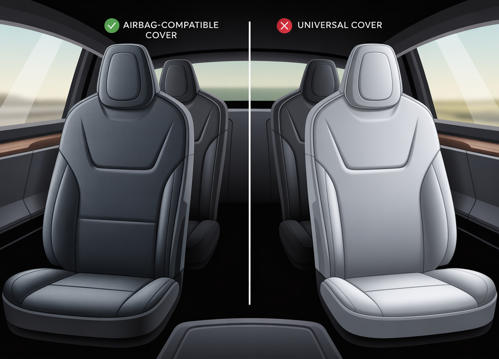 Do Tesla Model X seat covers affect airbags or ventilation? Comparison between airbag-compatible and universal seat covers inside a Tesla cabin