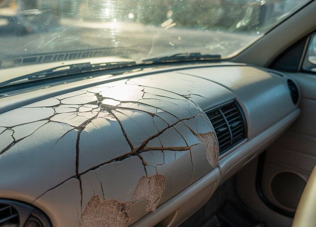 Close-up of a cracked car dashboard caused by sun exposure and heat damage