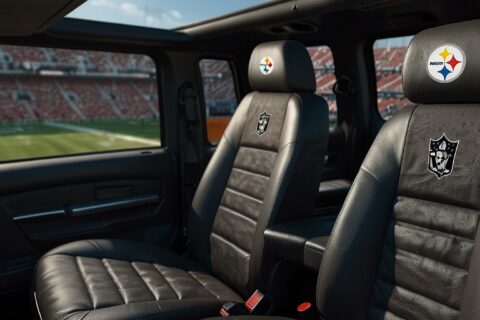 Interior view of a truck featuring stylish NFL seat covers for trucks with team logos, offering durability, comfort, and fan pride.