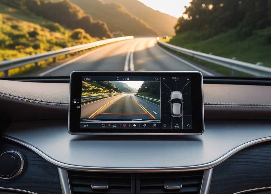 Dashboard display showing a top dash camera for cars capturing a clear road view on a sunny drive.