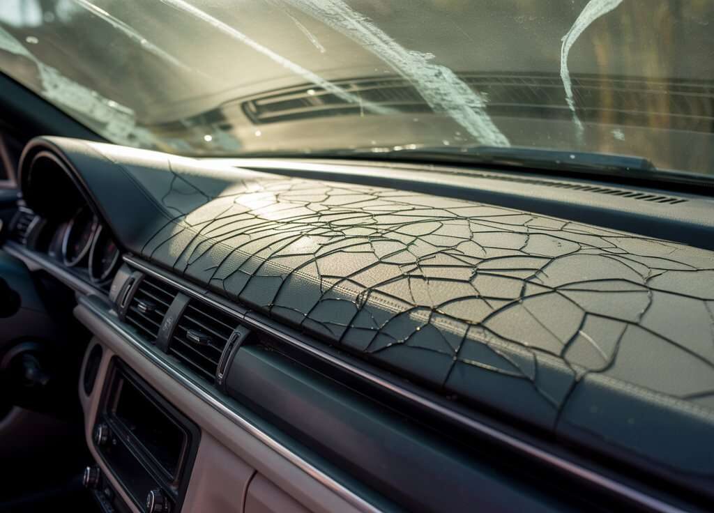 Interior view of a vehicle showing a cracked dashboard surface, illustrating why do car dashboards crack due to UV rays and heat exposure.