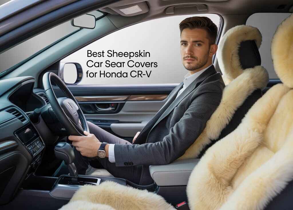 The best sheepskin car seat covers for Honda CRV shown inside the vehicle with plush beige sheepskin covers on the front seats.
