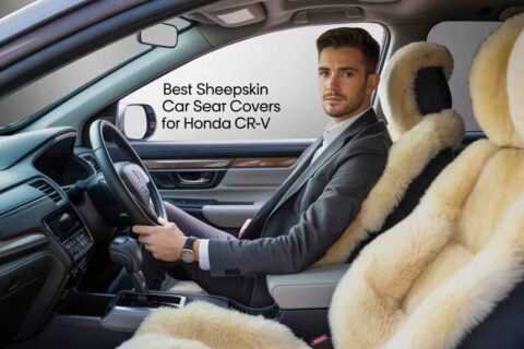 The best sheepskin car seat covers for Honda CRV shown inside the vehicle with plush beige sheepskin covers on the front seats.