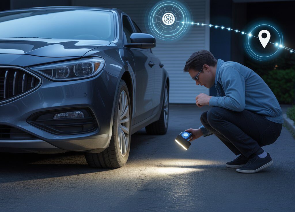 A person kneeling on a driveway at night, inspecting the front of a modern car with a flashlight. The car has a sleek design with a prominent grille and headlights. Digital holographic icons, including a gear and a location pin, are overlaid in the scene, connected by a dotted line, suggesting advanced technology or navigation assistance. The background features a garage door and greenery.