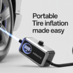 Home 17 Airmoto tire inflator portable air compressor inflating a car tire with a digital pressure gauge display