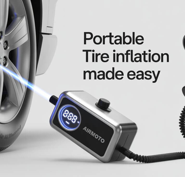 Home 11 Airmoto tire inflator portable air compressor inflating a car tire with a digital pressure gauge display