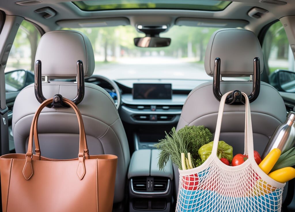 Amooca Car Seat Headrest Hooks – The Easy Way to Organize Your Car 1 Amooca Car Seat Headrest Hooks holding a handbag and grocery bag inside a modern car for better organization.