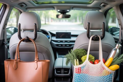 Amooca Car Seat Headrest Hooks holding a handbag and grocery bag inside a modern car for better organization.