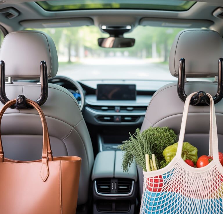 Amooca Car Seat Headrest Hooks holding a handbag and grocery bag inside a modern car for better organization.