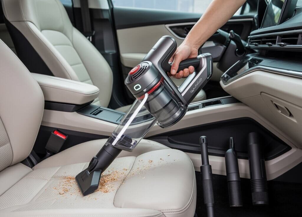 Person using the best affordable vacuum cleaner for car​ to clean crumbs from beige car seats.