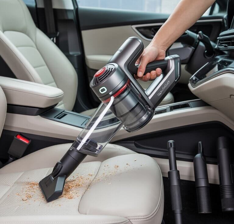 Home 12 Person using the best affordable vacuum cleaner for car​ to clean crumbs from beige car seats.