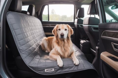 Golden Retriever sitting on waterproof back seat cover for cars – Best pets car seat covers for clean and safe travel