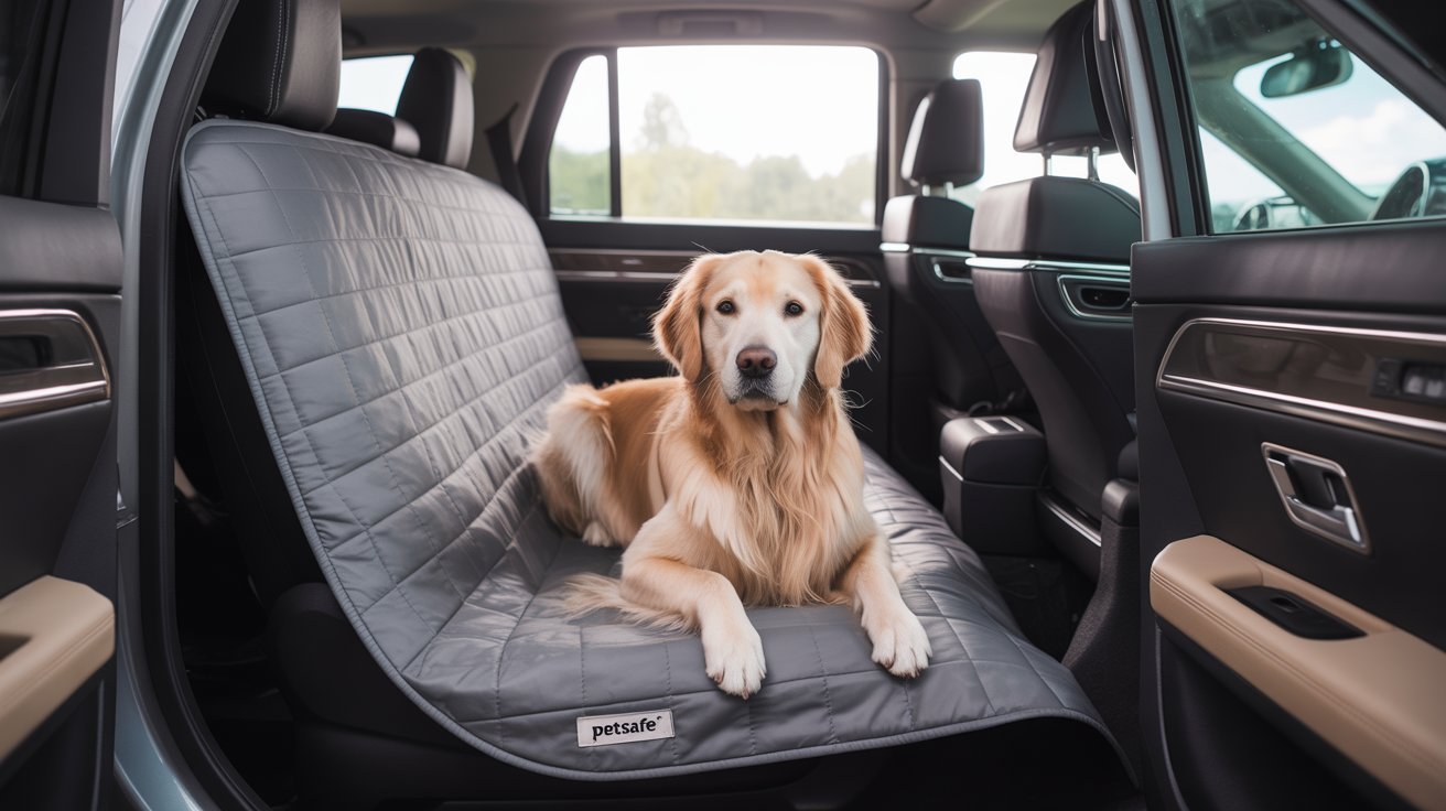 Seat cover example that helps protect rear seats from fur, moisture, and everyday mess during pet travel