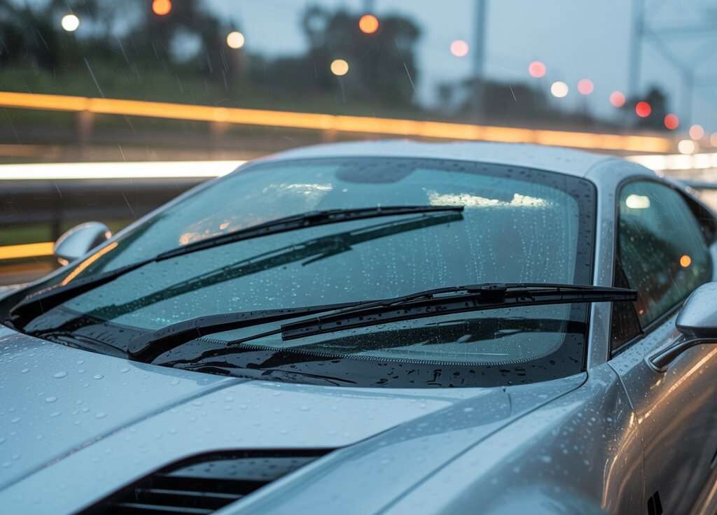 A close-up of a silver car using the best wiper blades for cars during heavy rain on a highway.