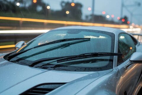 The Ultimate Guide to the Best wiper blades for cars​ for a Streak-Free Windshield 7 A close-up of a silver car using the best wiper blades for cars during heavy rain on a highway.