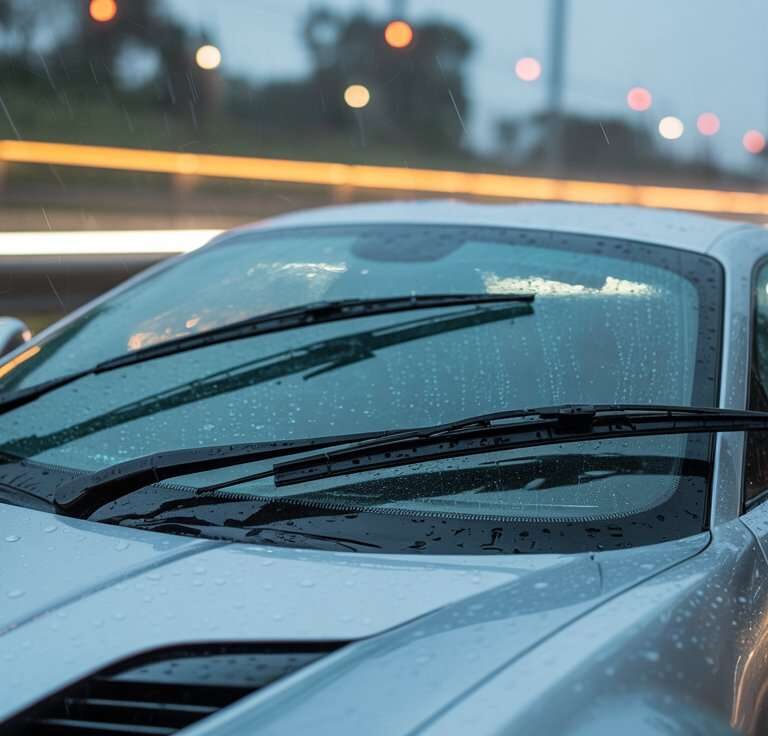 Home 15 A close-up of a silver car using the best wiper blades for cars during heavy rain on a highway.