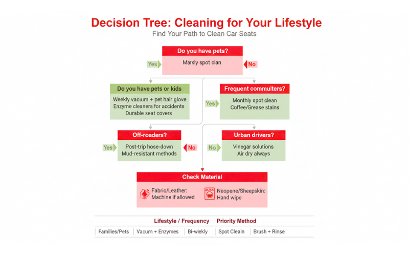 How to Clean Car Seat Covers in 2025: Your Complete Step-by-Step Guide 4 Infographic showing a decision tree for cleaning car seat covers based on lifestyle, including paths for pets/kids, commuters, off-roaders, and urban drivers, with specific cleaning methods for each.