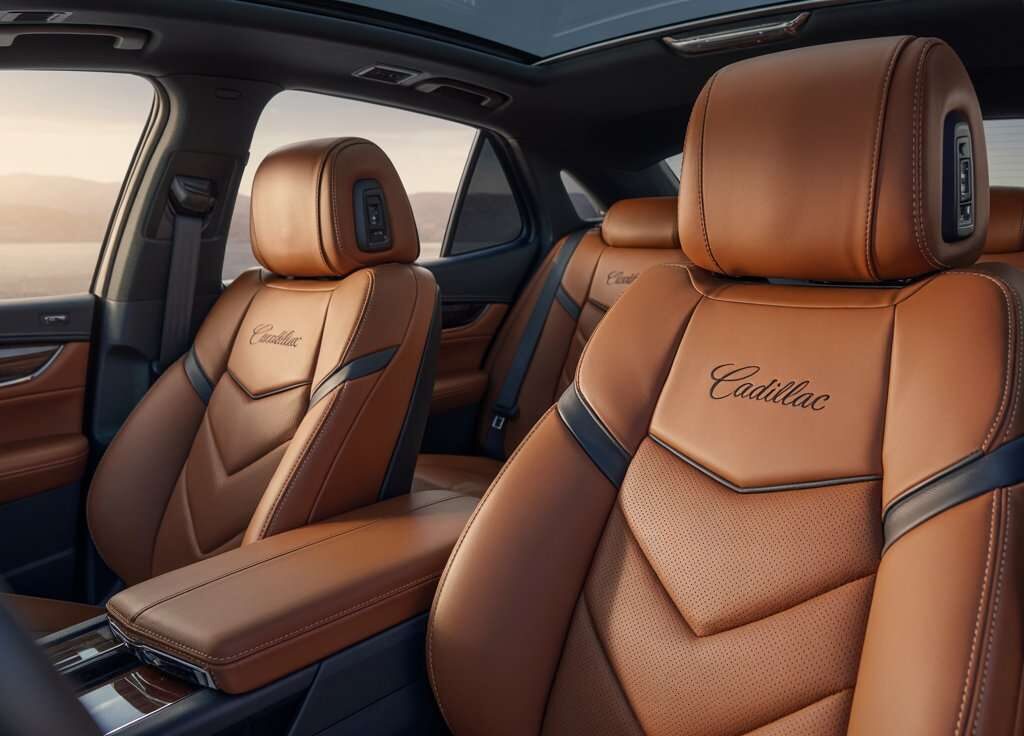 Premium Cadillac seat covers in brown leather design, showcasing stylish comfort and elegant car interior.