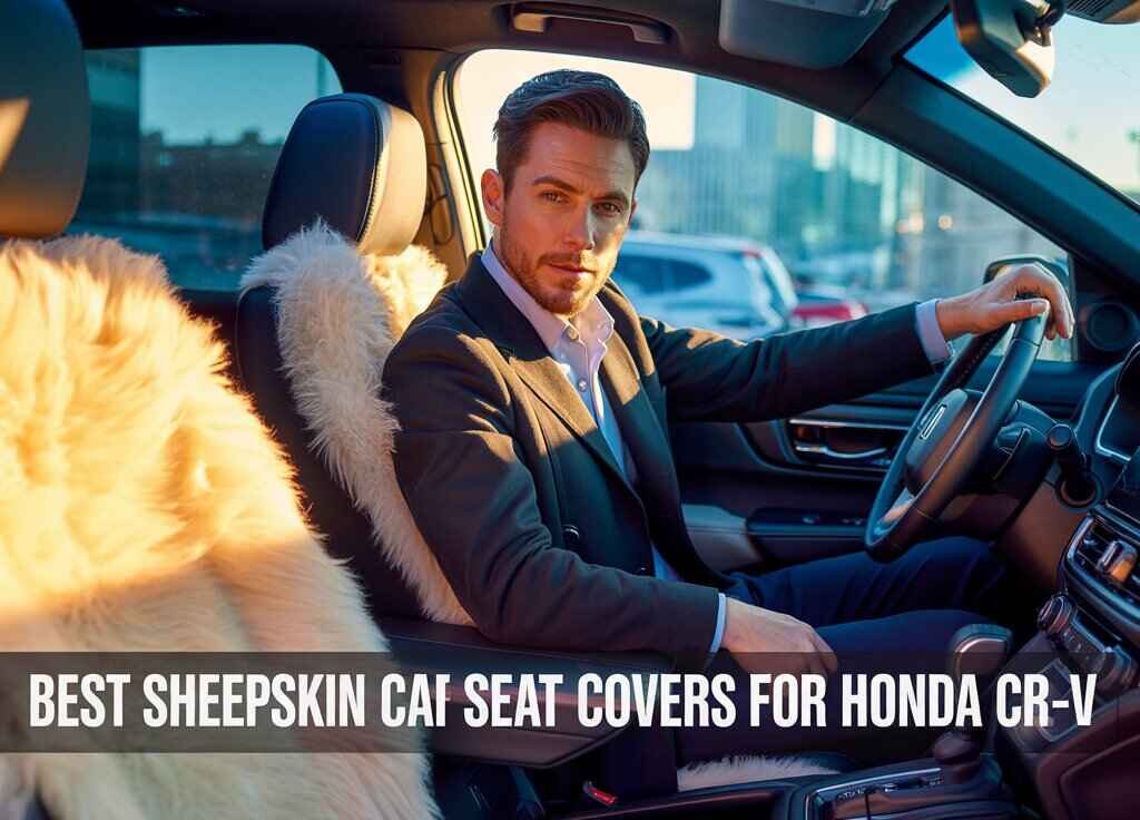 The best sheepskin car seat covers for Honda CR-V shown inside the vehicle with plush beige sheepskin covers on the front seats.